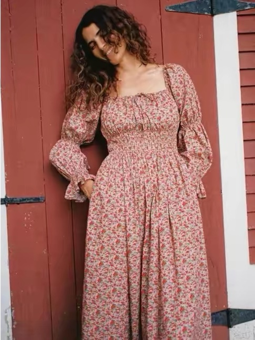 Smocked Floral Maxi Dress in Dusty Rose